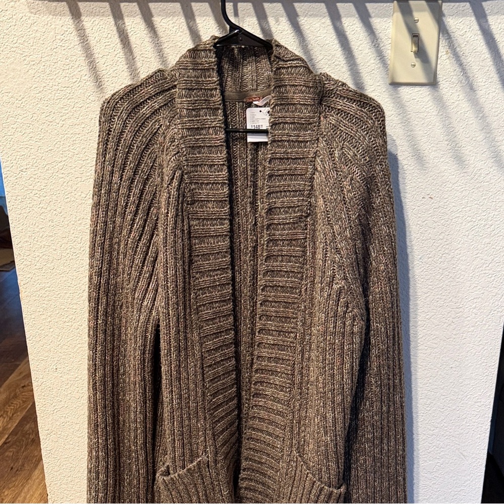 Free People Ribbed Open-Front Cardigan Sweater - Brown Heather